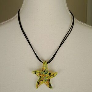 New My Style Yellow Glass Starfish Pendant Necklace Black Cord Adjustable‎